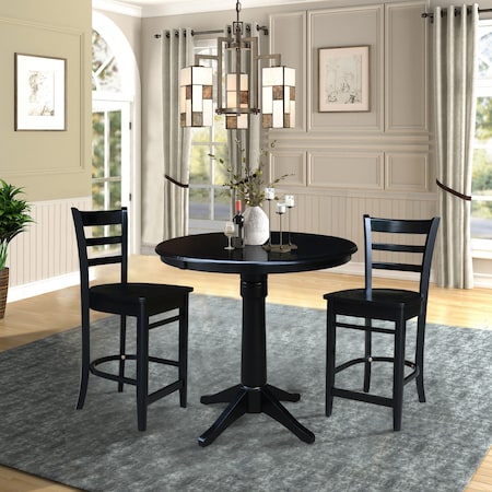 International Concepts 36 in. Solid Wood Round Top Pedestal Counter Height Dining Table with 2 Stools, Black K46-36RT-27B-S6172-2